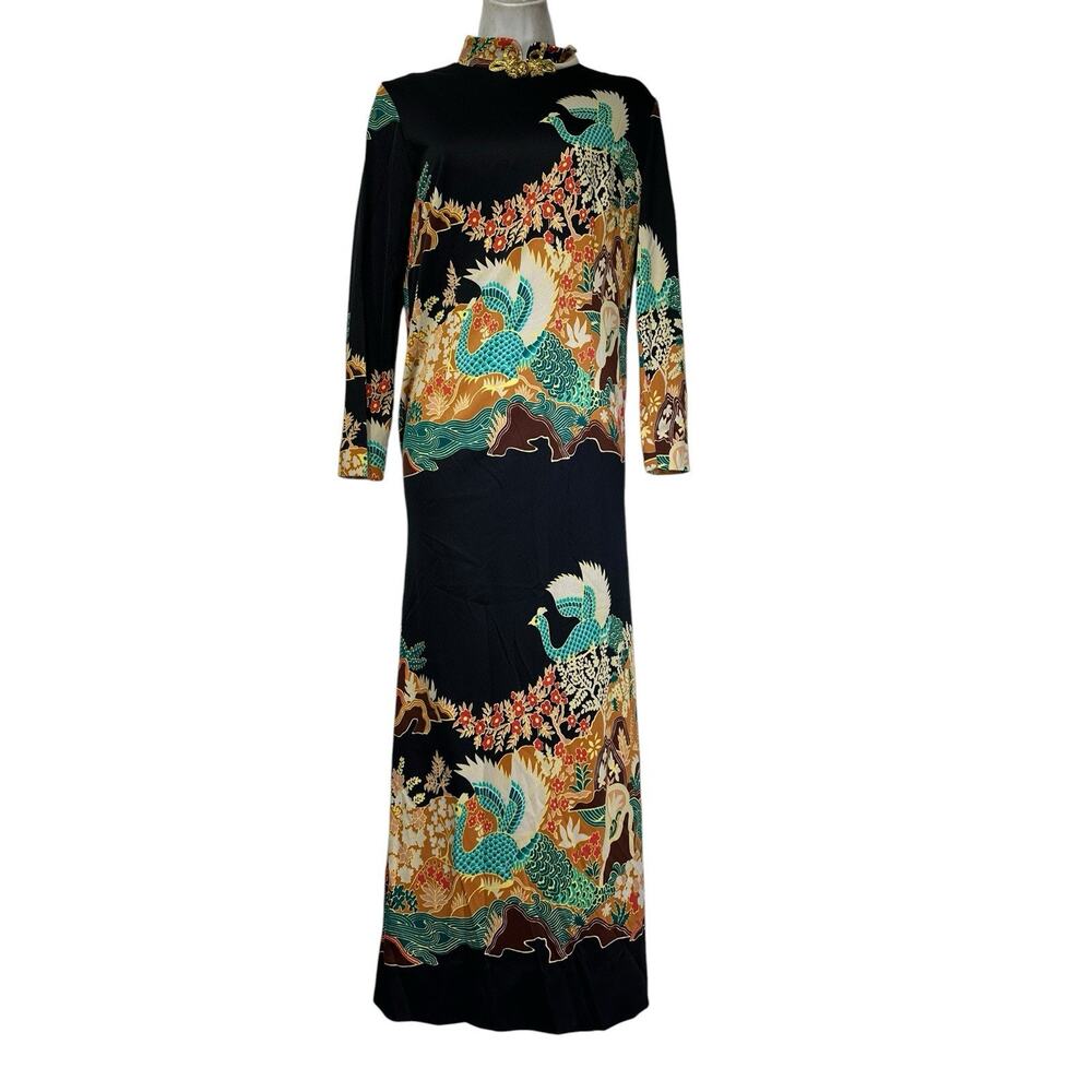Vintage Alice of California Peacock Phoenix Asian Mandarin Collar Maxi Dress